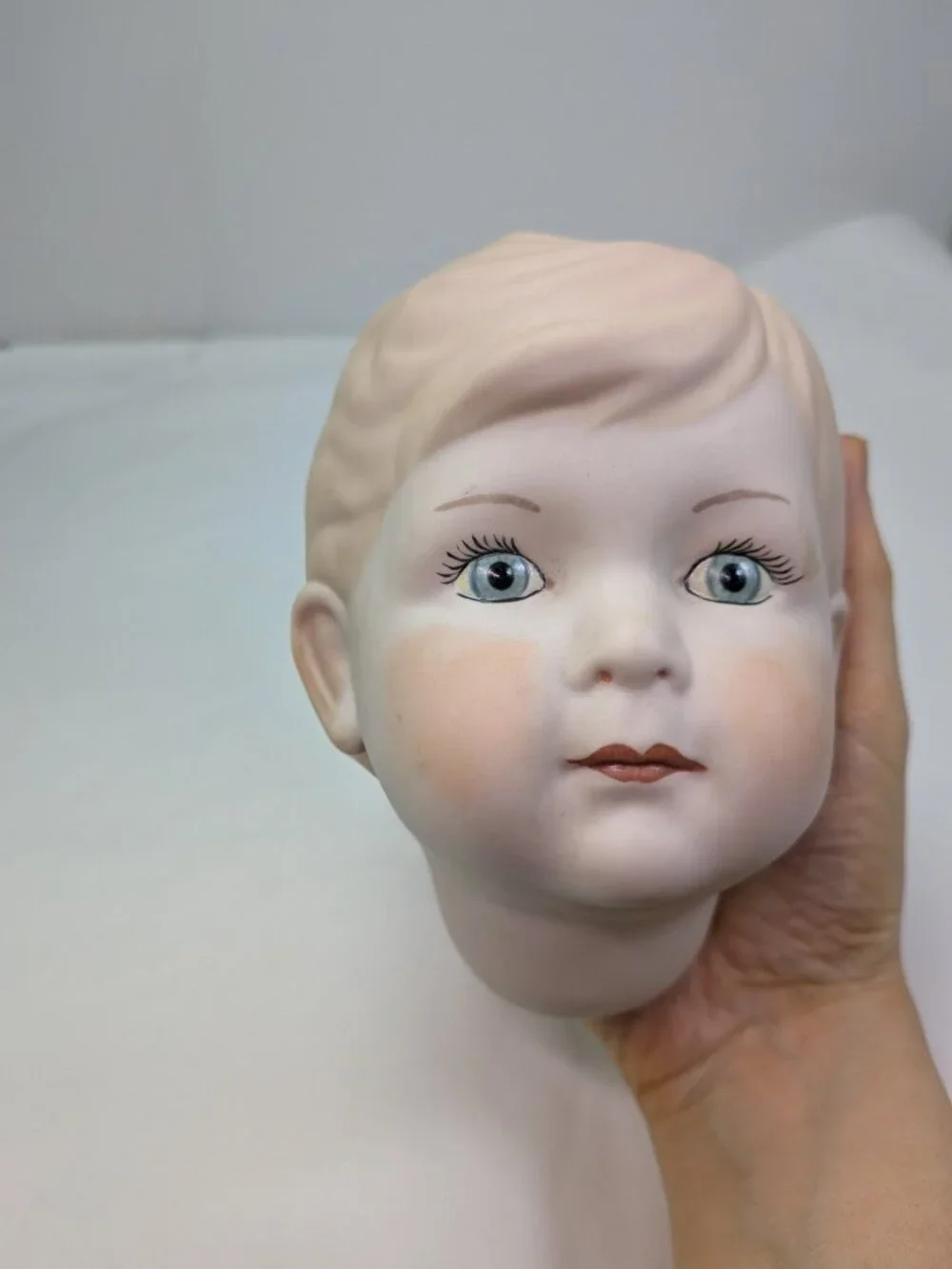 Vintage Bisque Porcelain Doll Head Molded Hair Blue Eyes 14